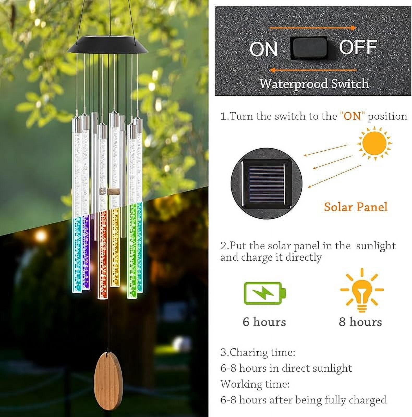 Solar Wind Chimes for Outside,37 Inch Memorial Wind Chimes Gifts for Mom Grandma, 6 LED Tubes Color Changing Waterproof Windchimes Hanging Ornament for Home Outdoor Patio Garden Yard