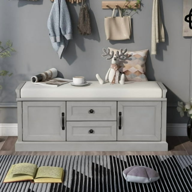 Banc de Rangement avec 4 Portes et Tablettes Ajustables, Banc de Rangement pour Chaussures pour Entrée, Salon, Vestiaire (Gris)