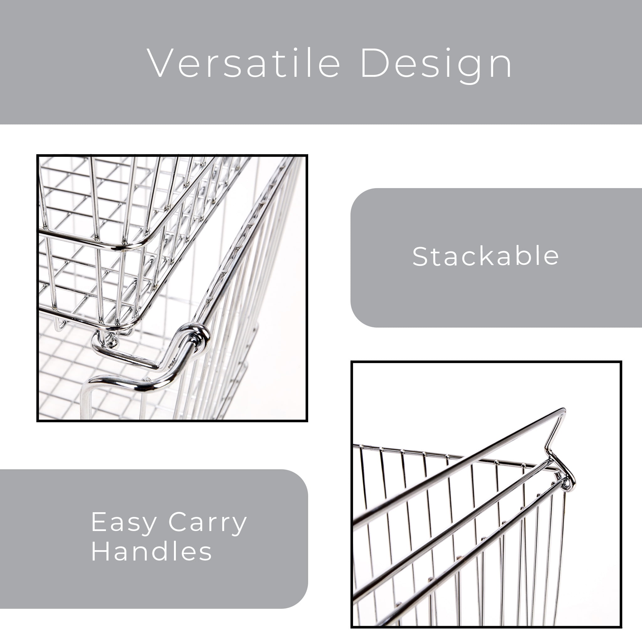 Smart Design Stacking Baskets with Handles - Set of 2 - Large  - 12.5 x 8.5 Inch - Chrome