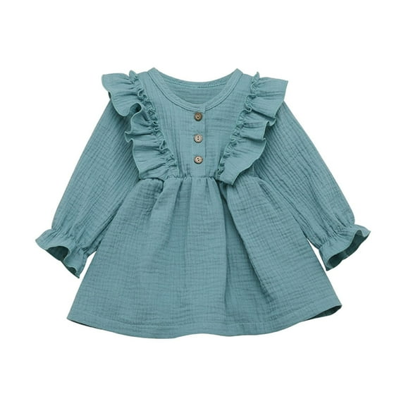 Odeerbi Toddler Girls Cotton Linen Dresses Ruffles Long Sleeve Vintage Dress Kids Solid Outfits Casual Clothes