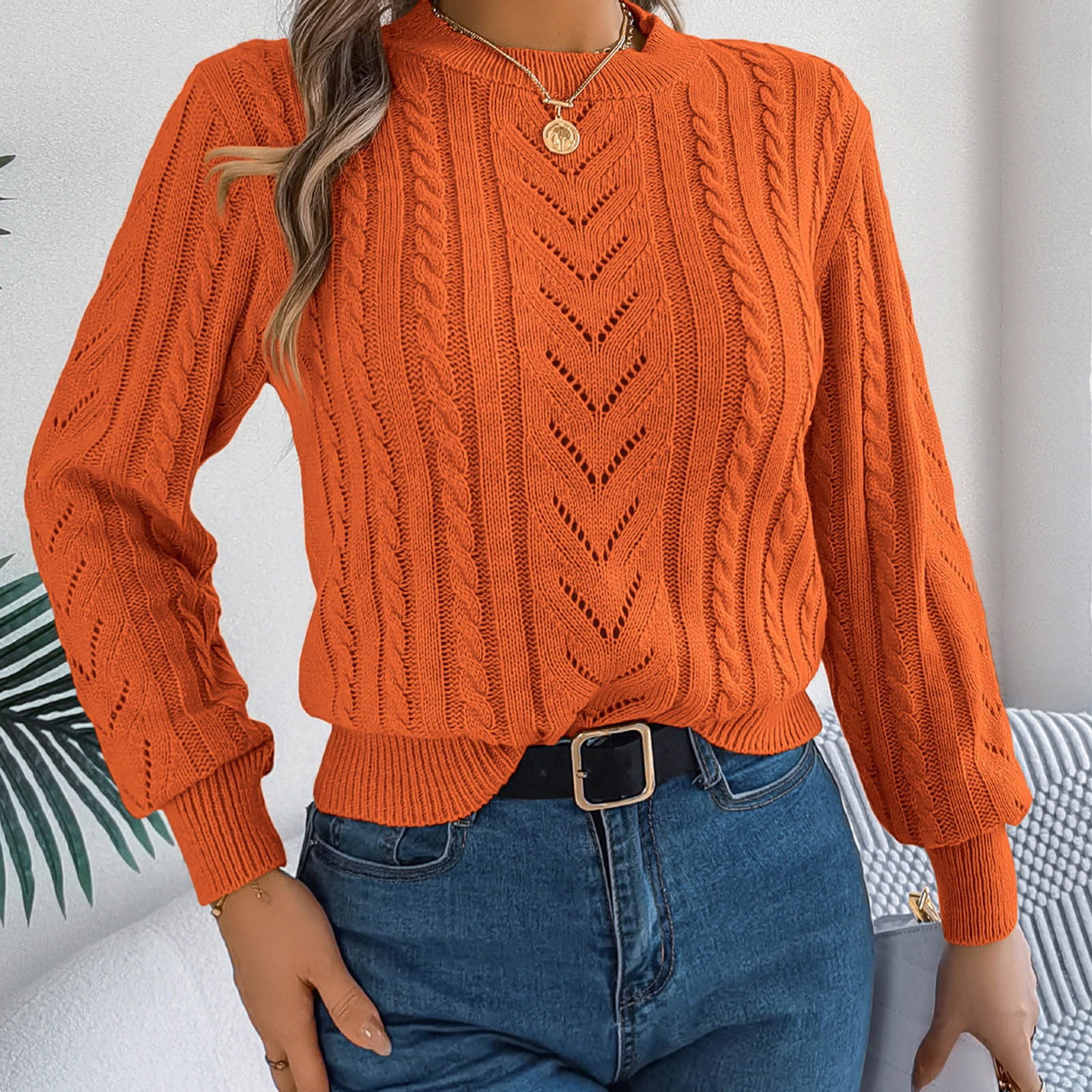Ahdbta Pullover Sweaters for Women Mock Neck Long Sleeve Hollow Out Sweaters Casual Warm Solid Color Cable Knitted Tops