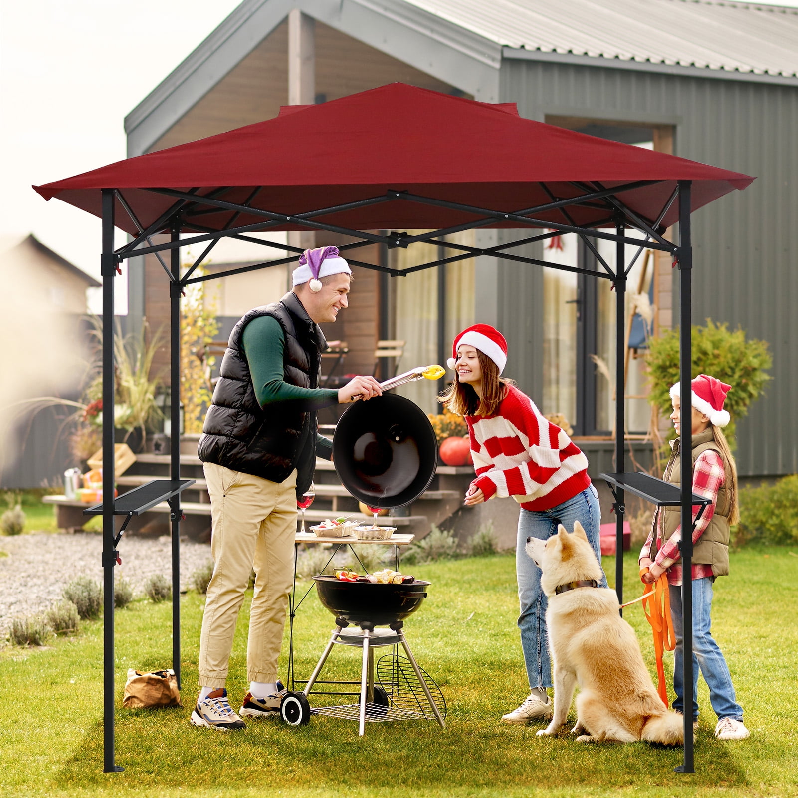 INTER HUT 8 x 5 Pop-up Grill Gazebo, Outdoor Portable BBQ Grill Patio Canopy, with Carrying Bag, Red