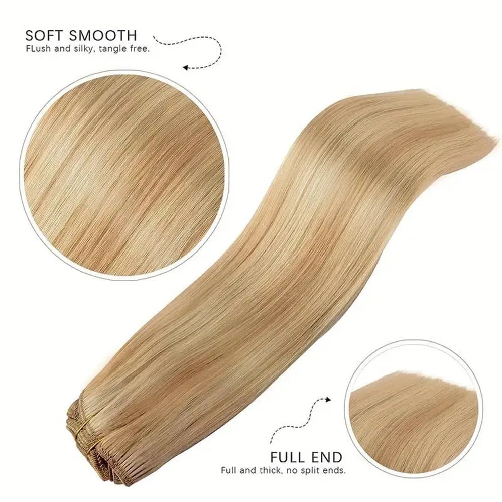 8Pcs Clip In Hair Extensions 100% Real Human Hair P8/613 Color Brown Highlight Blonde