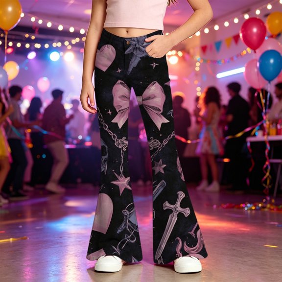Bysome Girls Pants Bowtie Print Elastic Waist With Pockets Flared Trousers Casual Girls Pants Size 5-6 Years Black