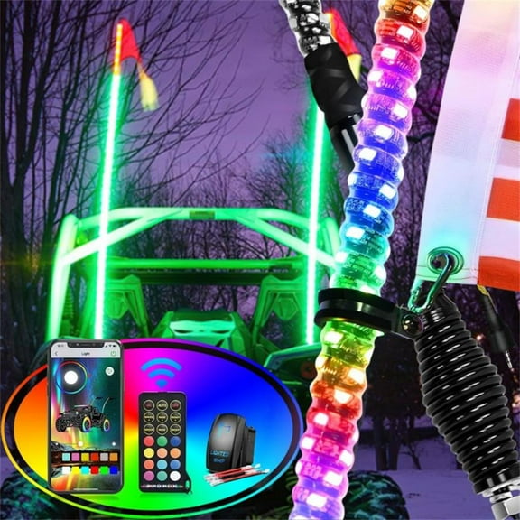 2 Pcs 5FT Whip Lights with Spring Base with App & Remote Control, Spiral RGB Chasing Lighted Whips with Rocker Switch, Music Whip Light for UTV ATV Polaris RZR Can-Am SXS Truck