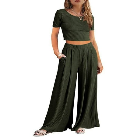 

Jeanewpole1 Women s casual suit suit rib short sleeved shirt Palazzo trousers loose sweatshirt knitting 2-piece pajamas four season comfortable pajamas suit can be used as outdoor clothes