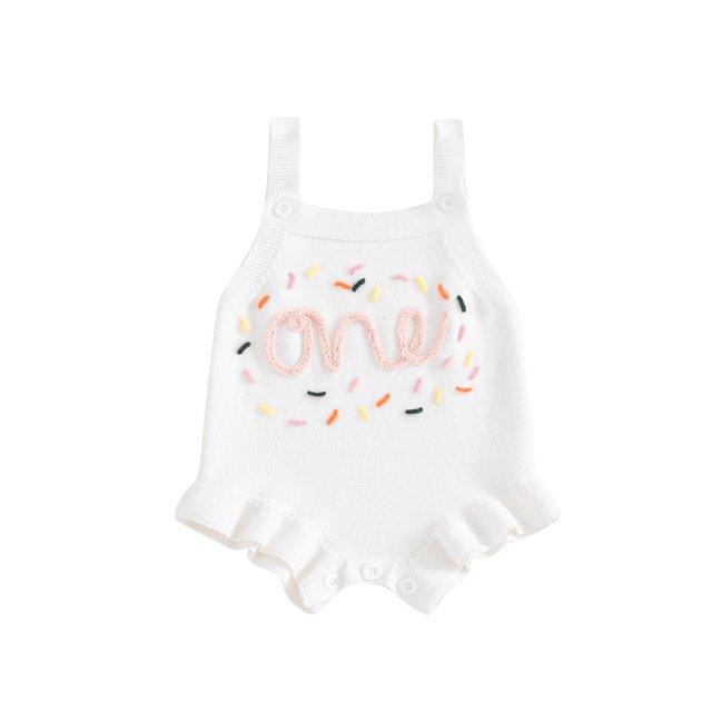 Gupgi Baby Girls One Birthday Knit Romper Infant Sleeveless Letter Embroidery Ruffle Sweater One Piece Short Bodysuit