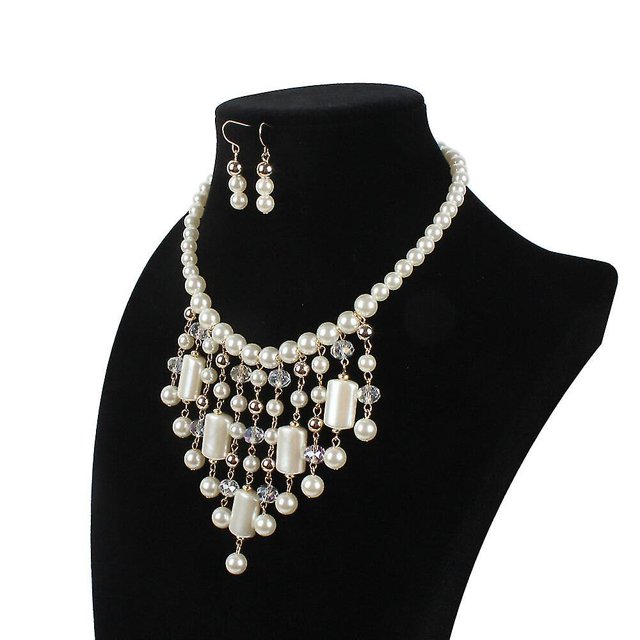 Conjunto de collar llamativo con cadena de perlas estilo cascada y cuentas de resina de cristal, pendientes de perlas y joyas de perlas