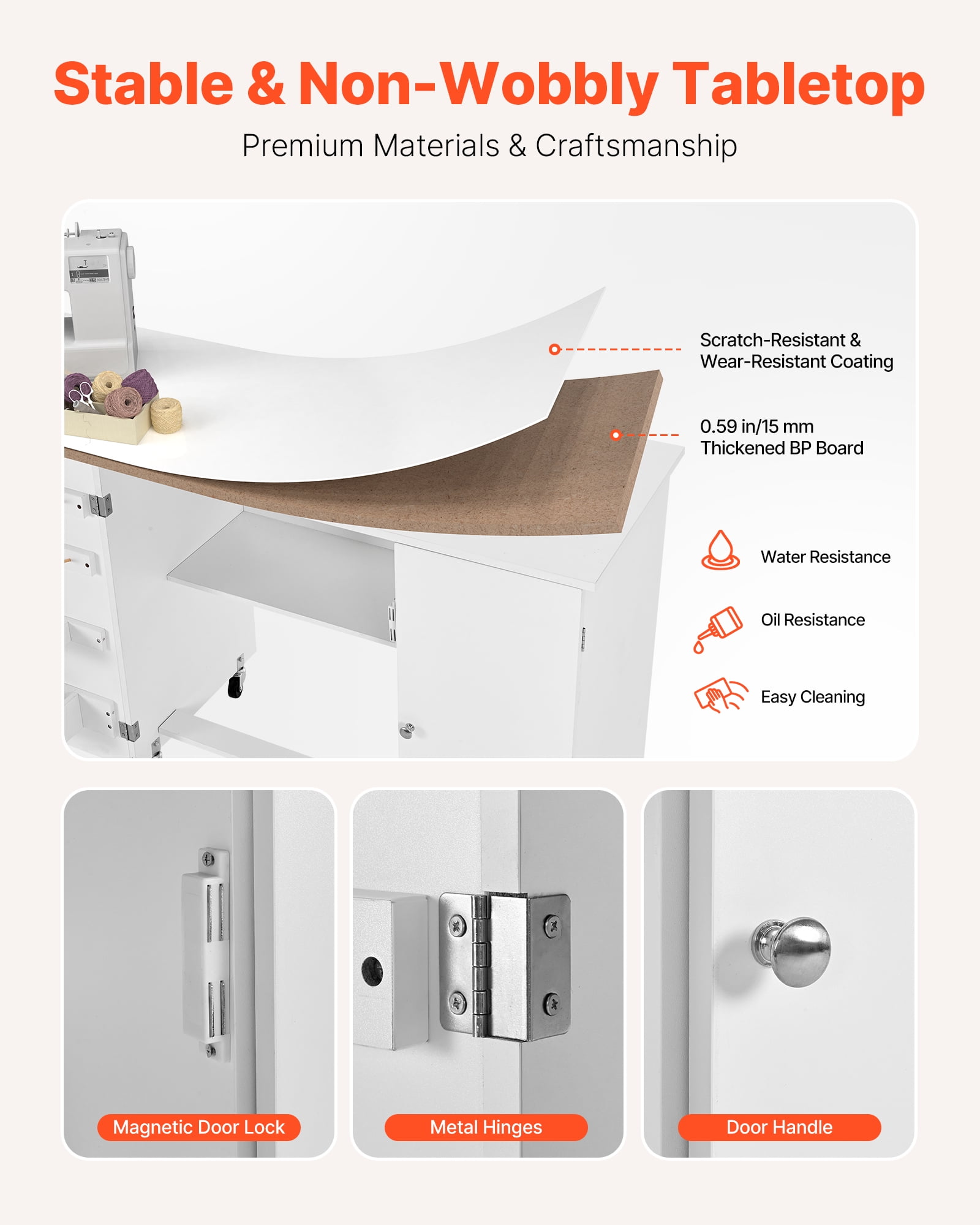 VEVOR Folding Sewing Table, Multipurpose Sewing Machine Table with Cabinet, Compact Design, Wheels, Wooden Pegs, Storage Trays and Shelf, Magnetic Door, Craft Station and Side Desk for Home, White