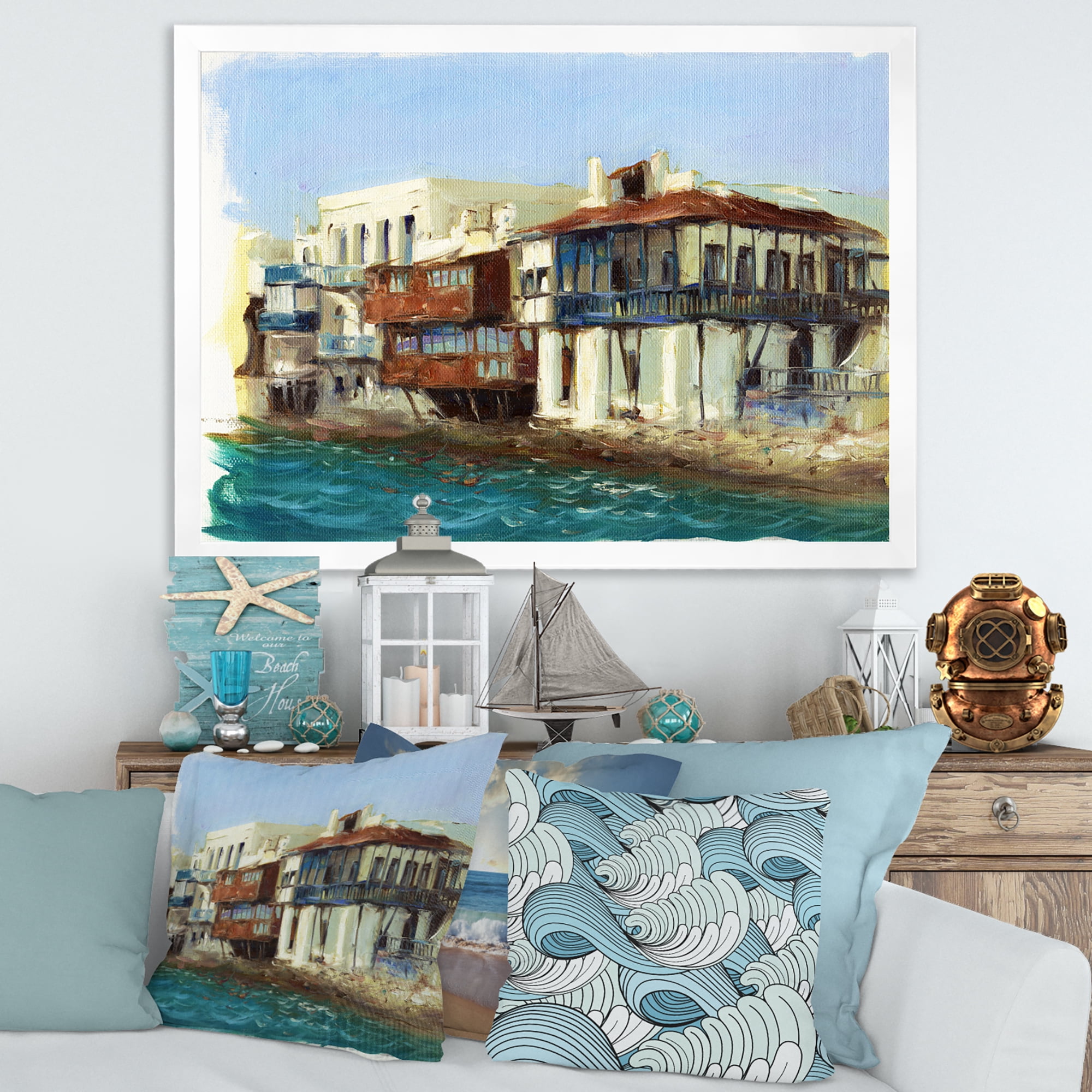 Designart 'Impression Old Houses On The Island of Mykonos Greece' Nautical & Coastal Framed Art Print