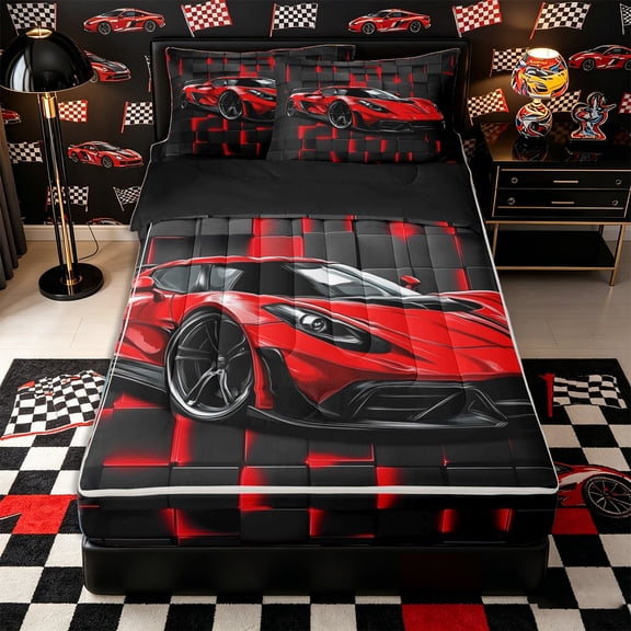 Castle Fairy Neon Red Sports Car Zipper Twin Comforter Sets with Fitted Sheet and 2 Pillowcases,Grid Print Zipper Bedding Set for Bedroom,Red Black,4-Piece,Black Reversible
