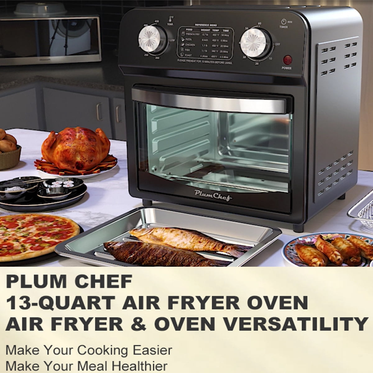 Black 12.5 Quart 7-in-1 Convection Toaster Oven - 1500W Stainless Steel 5 Pre-set Menus