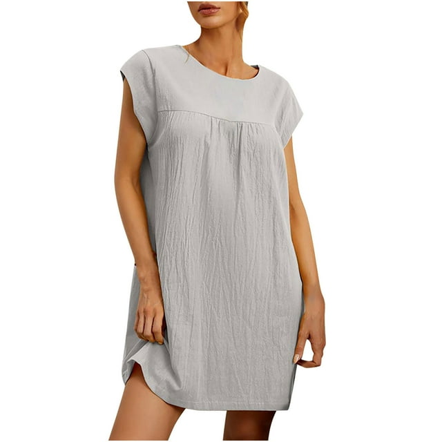 Robe d'Été en Coton et Lin pour Femmes Col Rond Manches Courtes Robe Chemise Décontractée Ample Confortable Mini Robes de Soleil