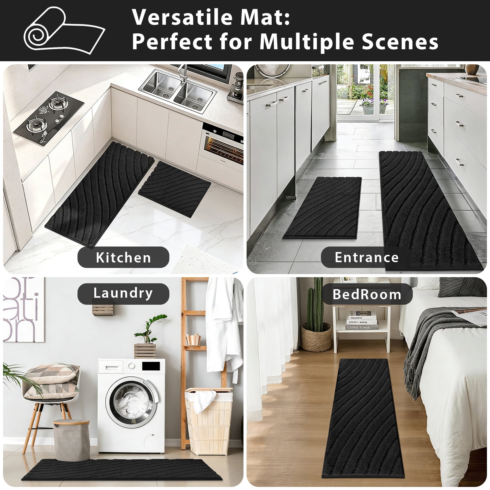 Findosom 3pcs Bathroom Rugs Set with U-Shaped Mat,Non Slip Machine Washable Wave Bath Mat,Ultra Soft Plush Shower Rugs for Bathroom,Tub,Shower18"x26"+18"x48"+U 20"x24"Black