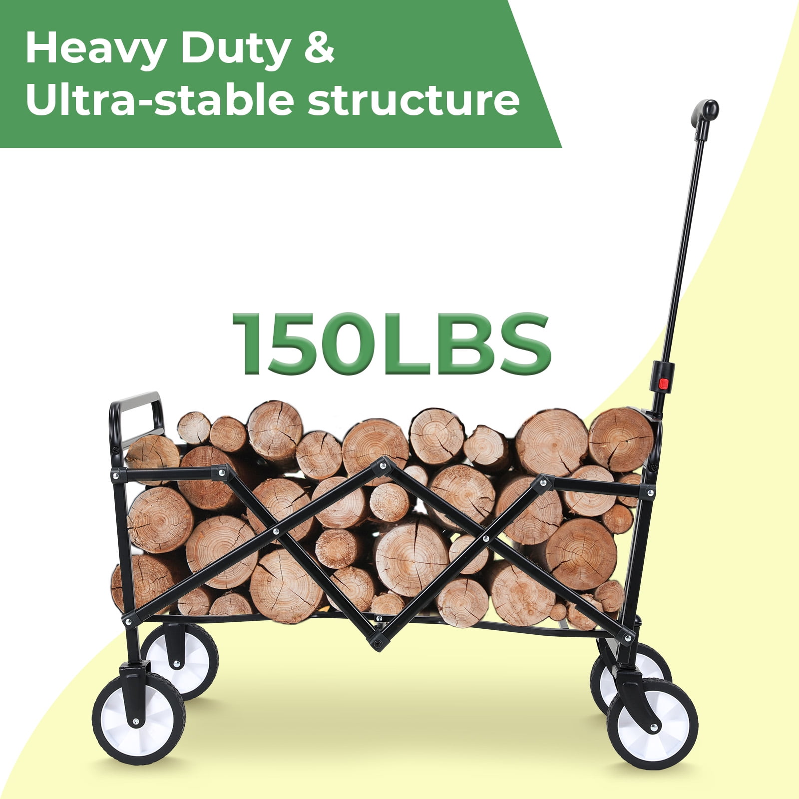 TLSUNNY Collapsible Wagon Cart with Wheels, Heavy Duty Foldable Wagon Cart 150 lbs Capacity, w/360° Wheels, Carry Bag, for Camping, Beach, Garden, Sports