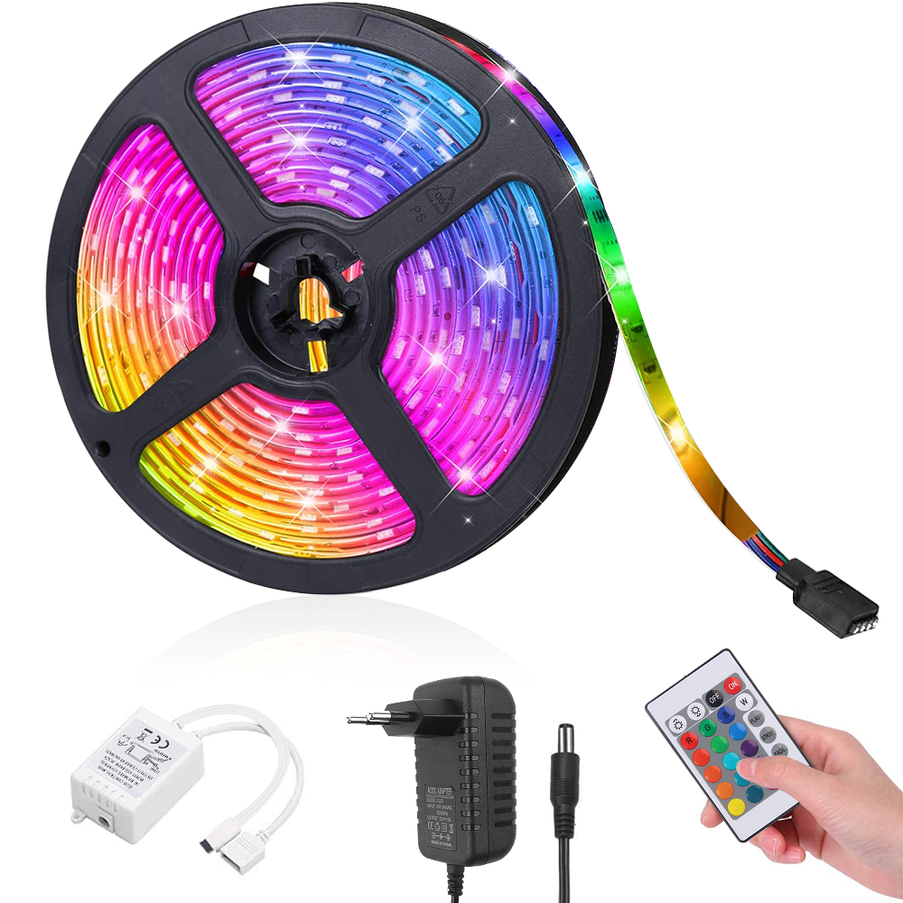 NIERBO 5M RGB 5050 Color Changing 300 LED Light Strips Kit with 24 Keys Ir Remote Led Lights for Bedroom, Kitchen, Home Decoration