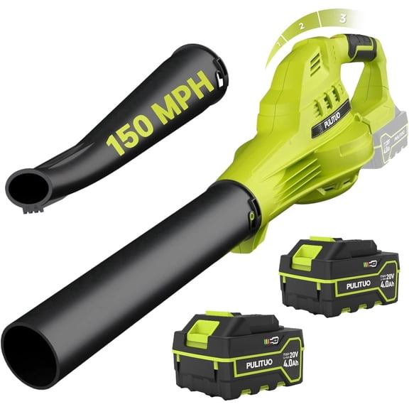Pulituo 20V Cordless Leaf Blower, 2×4.0Ah Batteries & Charger, 150MPH, 3 Speeds, Long Runtime, Lightweight Yard Blower for Large Yards