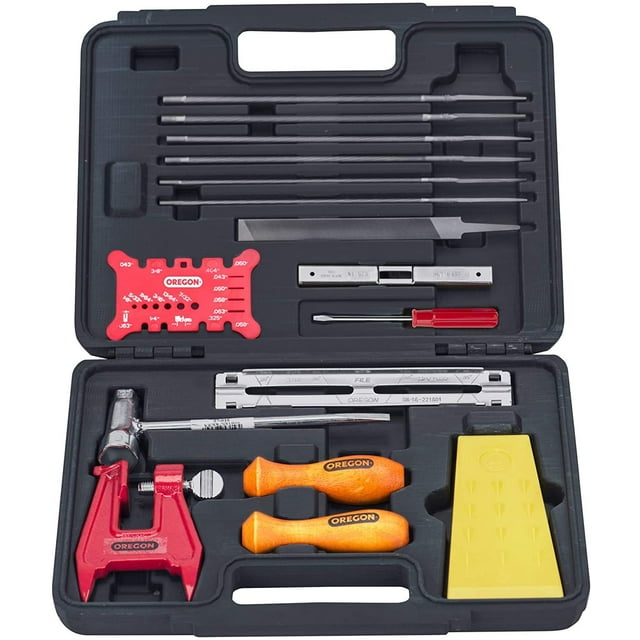 Oregon Chainsaw Chain Sharpening Kit with Hard Case - Contains Files, Handles, Depth Gauge, Stump Vise, Felling Wedge, and More Accessories
