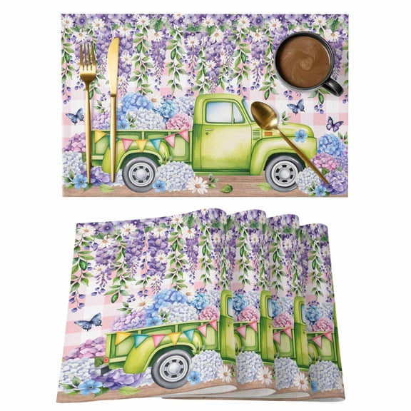 Blue Purple Floral Placemats Set of 8, Spring Hydrangea Flower Truck Pink Plaid Placemats for Dining Table, Place Mats for Kitchen Tabletop, Waterproof Wipeable Dining Table Mats Set