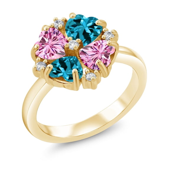 Gem Stone King 18K Yellow Gold Plated Silver Pink Moissanite and London Blue Topaz Ring for Women (2.18 Cttw, Heart Shape 5MM, Gemstone Birthstone, Size 8)