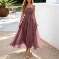thumbnail image 2 of NordicNest Women's Spaghetti Strap Tulle Midi Dress Cowl Neck Ruched Bodice with Asymmetrical Flowy Skirt Elegant Party Wedding Guest Gown Purple,XL, 2 of 5