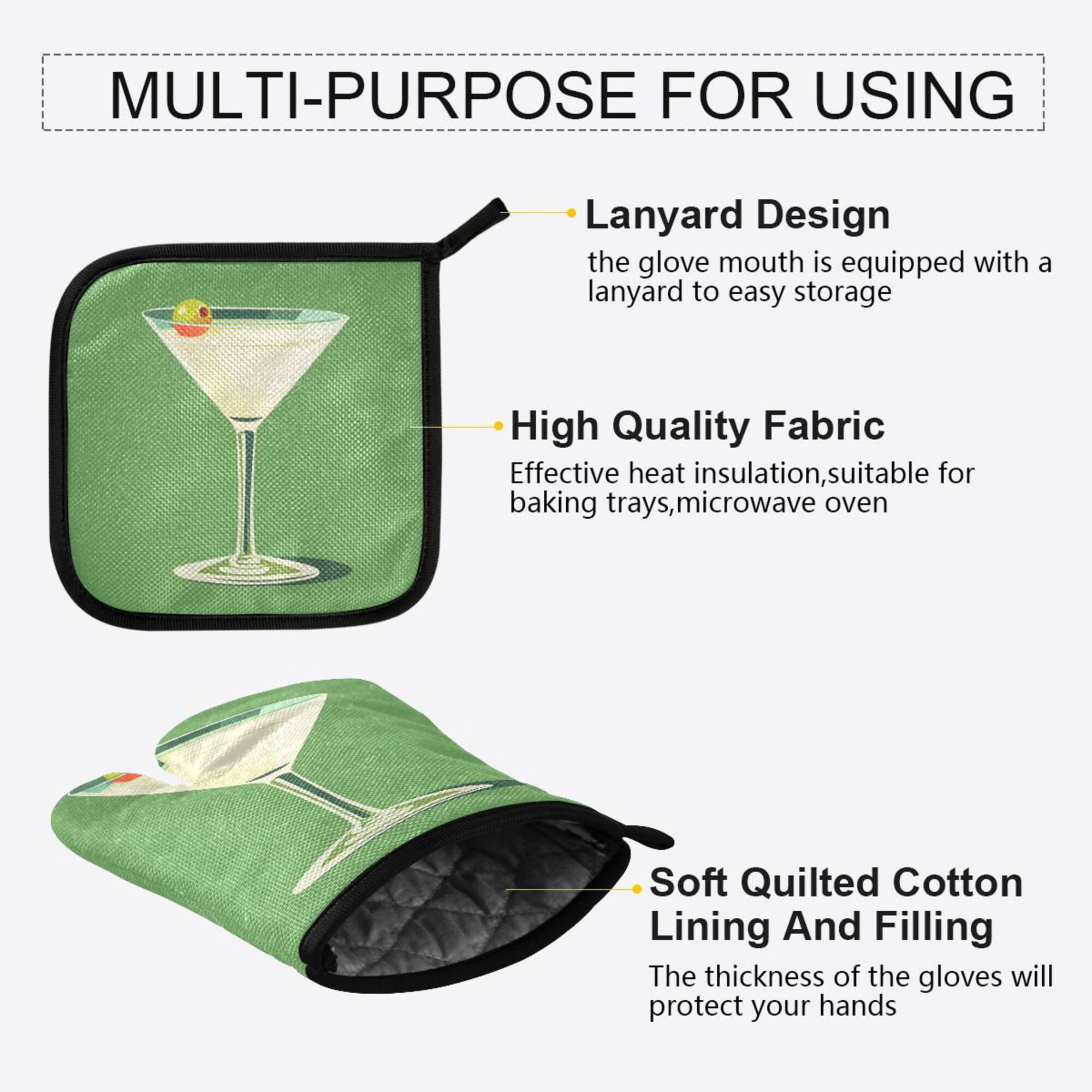 Yayeee Oven Mitts and Pot Holder Set of 4 Heat Resistant Kitchen Gloves Baking Hot Pad, Green Lemon Juice