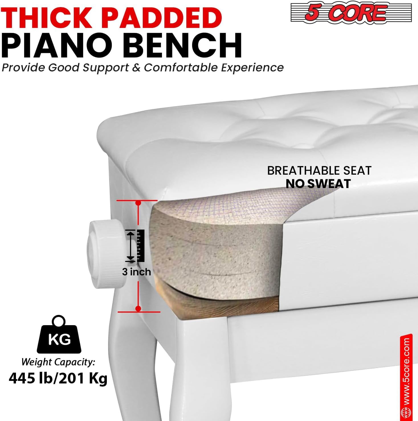 5 Core Piano Bench Wooden Height Adjustable Stool Heavy Duty Keyboard Seat with Storage WHITE
