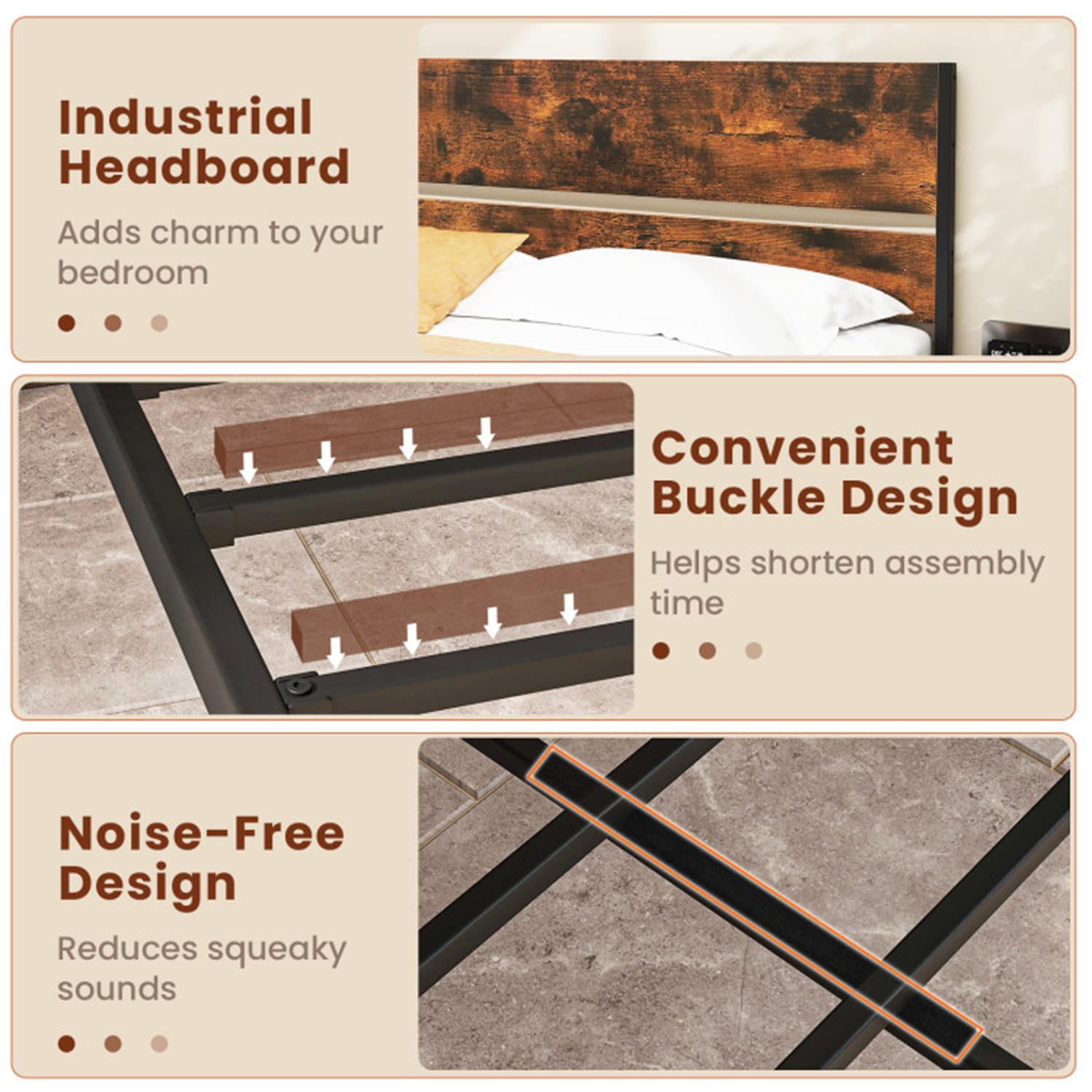 Demi Bonn Queen Size Bed Frame with Wooden Headboard and Footboard, Modern Metal Platform Bed Frame with Under Bed Storage, No Box Spring Needed, Brown