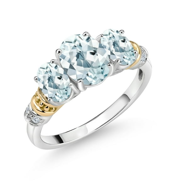 Gem Stone King 925 Sterling Silver and 10K Yellow Gold Oval Sky Blue Aquamarine and White Diamond 3 Stone Ring for Women (2.23 Cttw, Gemstone March Birthstone, Size 5)
