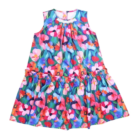 NIPAXO Girls Dress Sleeveless Floral Print Ruffle Hem Cotton Blend Summer Party Dress for Girls with Lace Collar Detail,Sizes 4-5 Year