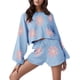thumbnail image 1 of Gibobby Pijamas de satén Conjunto de pijama de punto para mujer, traje informal, manga larga, Top y pantalones cortos de manga burbuja, conjunto de suéter de ropa deportiva de 2 piezas (Blue, XL), 1 of 5