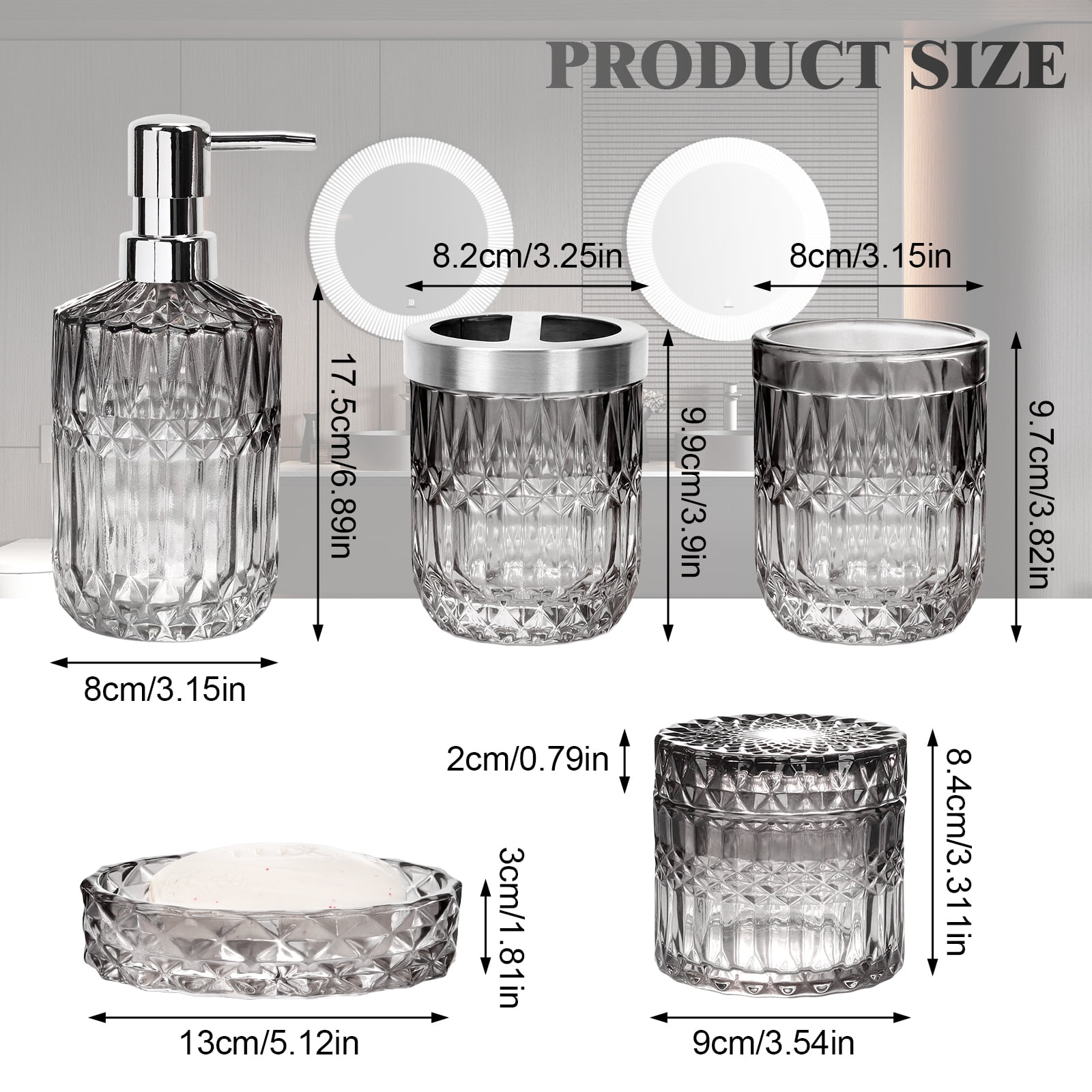 Vertical Line Glass Soap Dispenser Set, Rust-Proof Pump, Thickened Modern Bathroom Accessories for Countertop Organization & Stylish Home Decor(Grey)