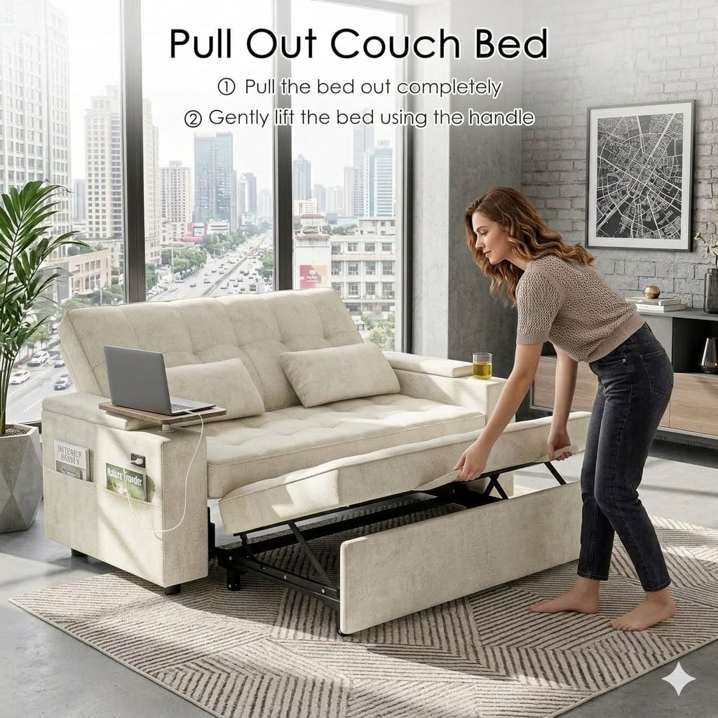 Howcool 65" Sleeper Sofa Bed, 3-in-1 Convertible Pull Out Couch Bed with Tray Table & Cup Holders, Chenille Loveseat Sofa with Adjustable Backrest for Living Room, Apartment(Beige)