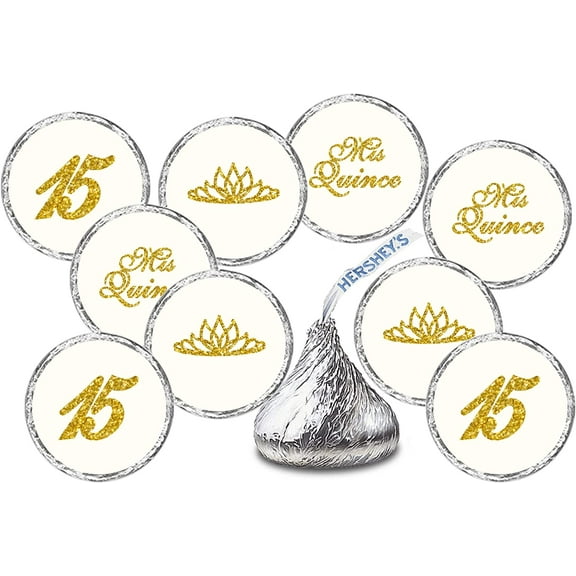 Mis Quince Birthday Gold Kisses Stickers, (Set of 216), Quinceanera Chocolate Drops Labels, 15 Party Decoration Favors Decor for Kisses