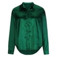 thumbnail image 4 of Yyeselk Satin Blouses for Women Button Down Silk Shirts V Neck Roll up Long Sleeve Pure Color Casual Loose Office Work Tops Green 01 M, 4 of 9