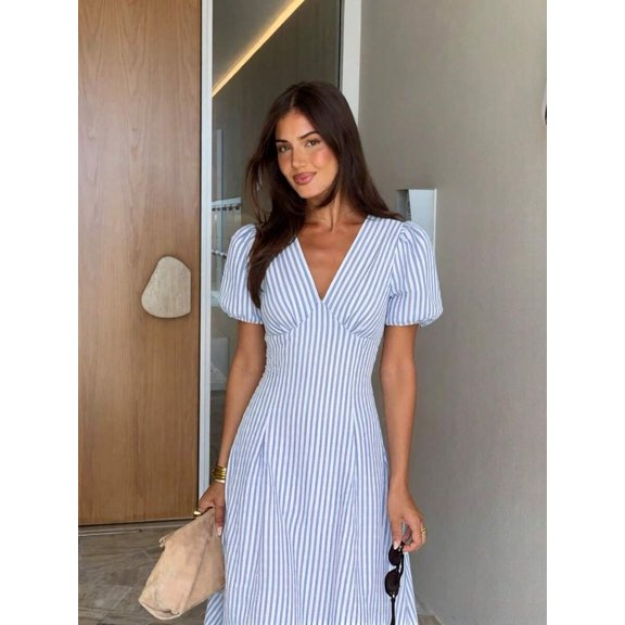 Blue And White Striped V-Neck Petal Sleeve Midi Dress For Women
