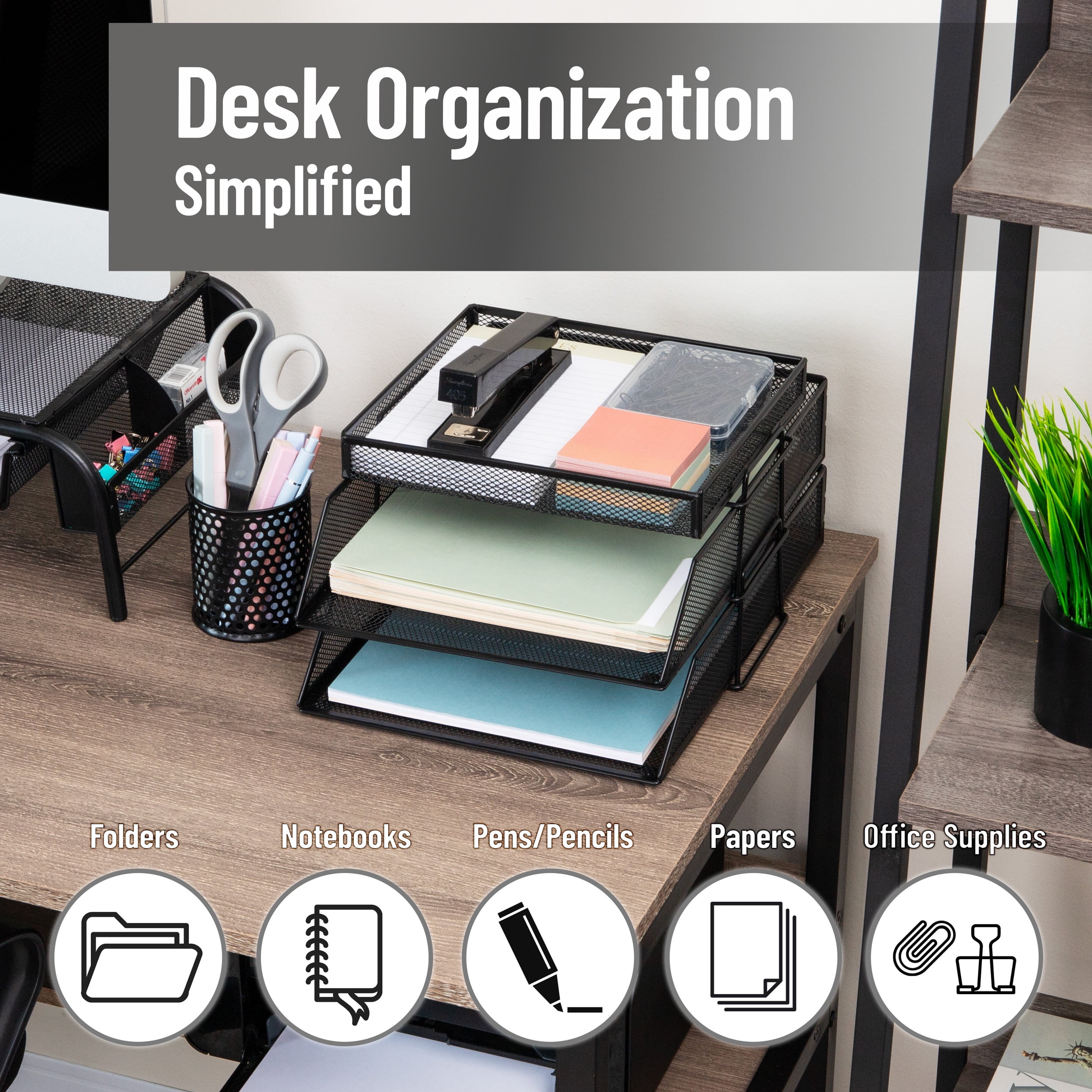 Mind Reader 2 Tier Paper Tray with Top Supply Compartment, Desktop File Organizer, Metal Mesh, Black