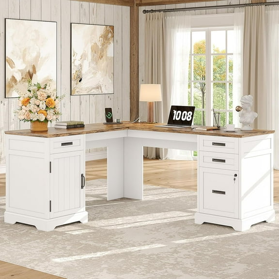 Whalefall Farmhouse L Shaped Desk with Drawers, 67 Inch Executive Home Office Desk with File Cabinet, Computer Corner Desk with Charging Station, White