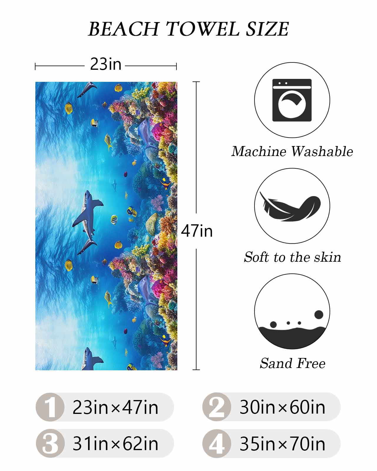 Shark Beach Towels Oversized Super Absorbent, Blue Ocean Underwater Animal Coral Tropical Fish Lightweight Bath Towel Quick Dry Sets For Bathroom/Pool/Rv Camping/Beach Play/Gym Room/Picnic 23"x47"