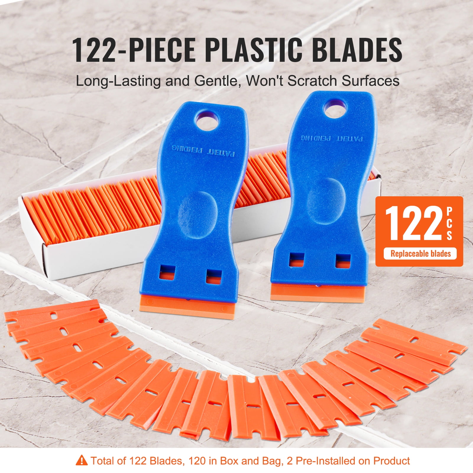 KFFKFF Plastic Blade Scraper Set, Includes 2 Scrapers & 120 Plastic Blades, Ideal for Removing Stickers, Decals, and Paint from Glass & Cars Without Leaving Scratches, Blue