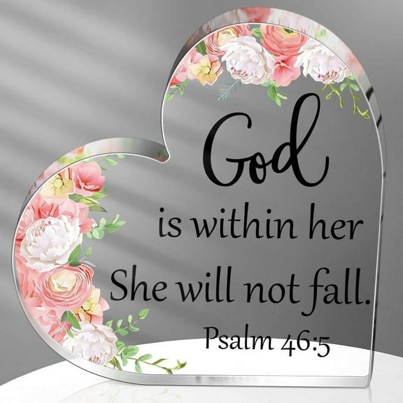Heart-Shaped Acrylic Inspirational Bible Verse Desk Decor - "God Is Within Her, She Will Not Fall" Psalm 91:2 - Floral Design Christian Gift For Women, Mom, Sister, Friend, Coworker, Inspirational