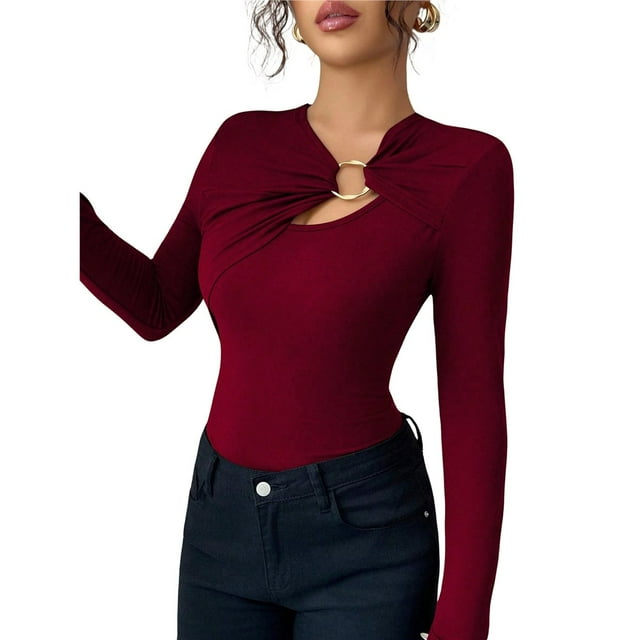 Female Metal Ring Long Sleeve Asymmetrical Neck T Shirt Slim Fit Ruched Going Out Tops Wine Red XXL