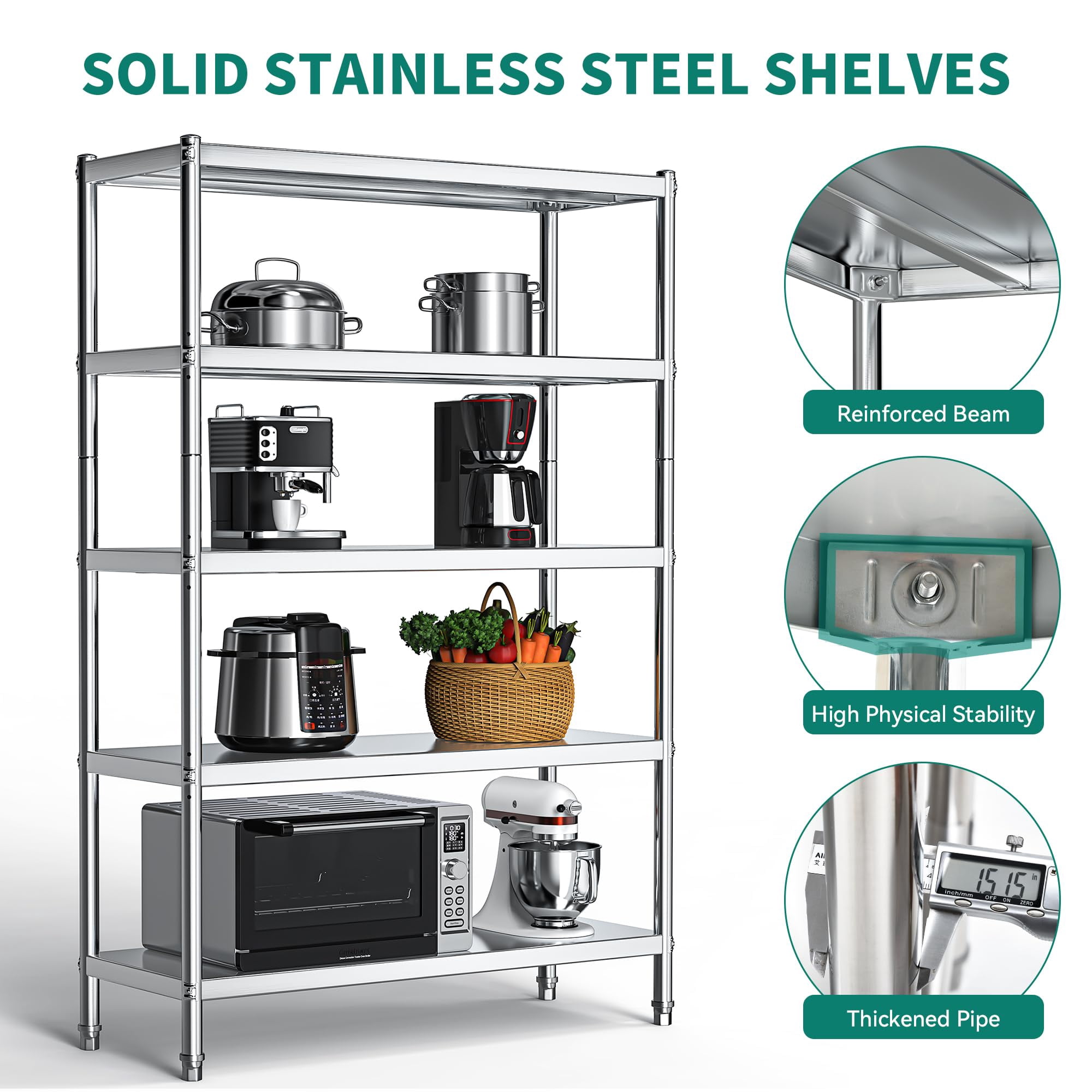 Dextrus 5-Tier Stainless Steel 18" D x 48 W" x 72 H" Storage Shelves, Silver