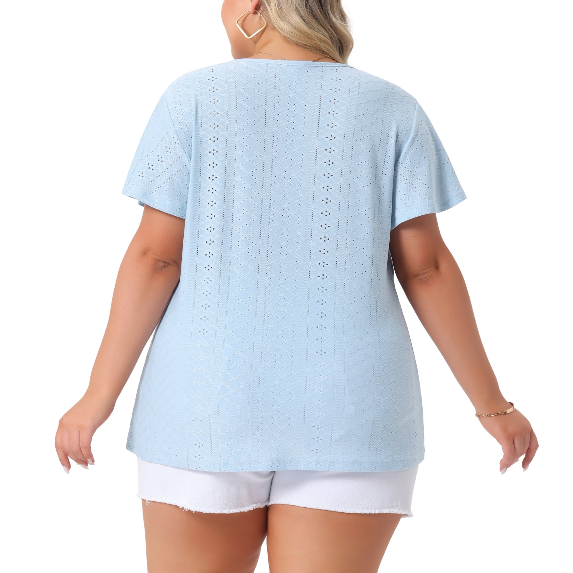 DARING DIVA Women's Plus V Neck Hollow Flare Short Sleeve Top 1X Light Blue