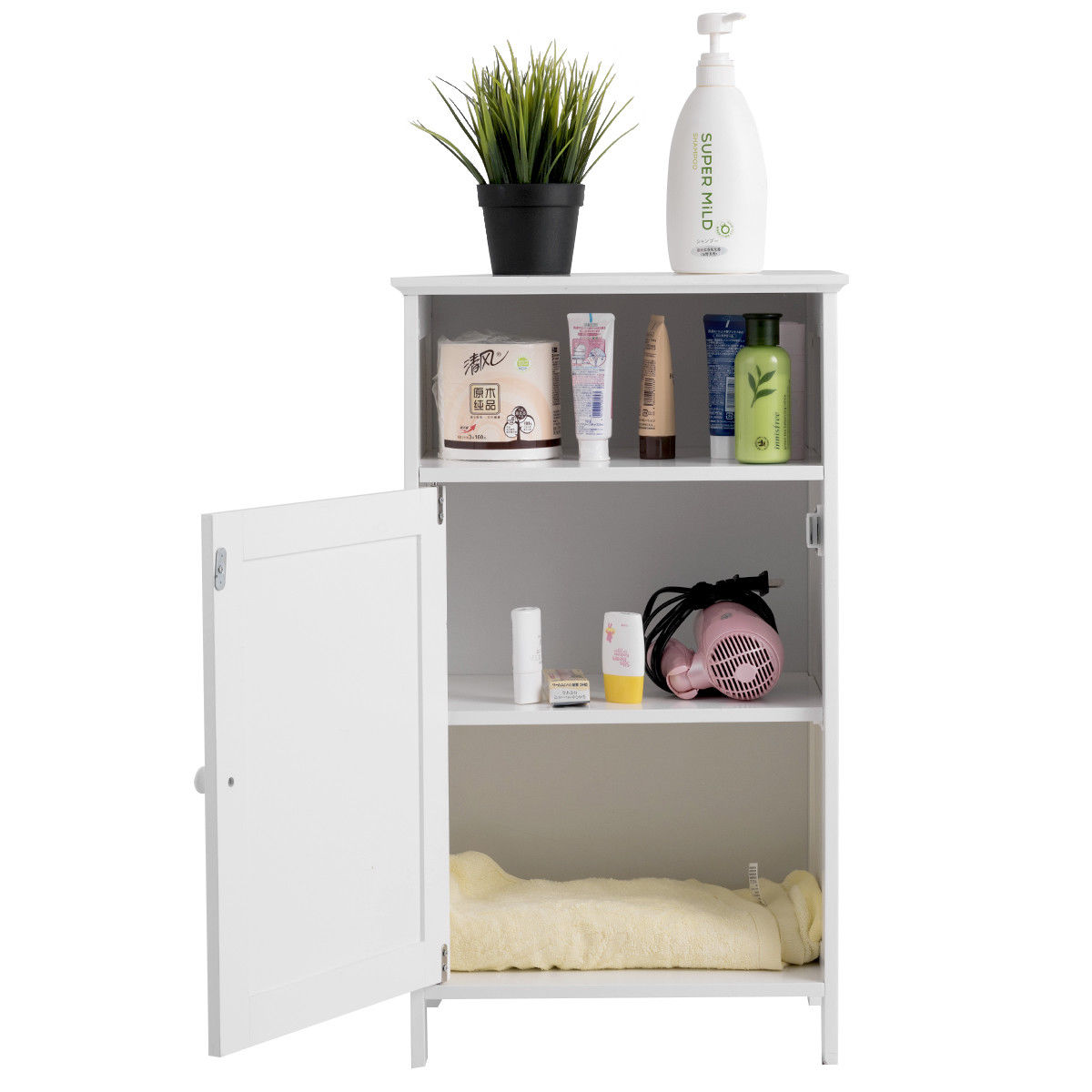 Gymax Bathroom Floor Storage Cabinet Side Table Freestanding Adjustable Shelf Organize