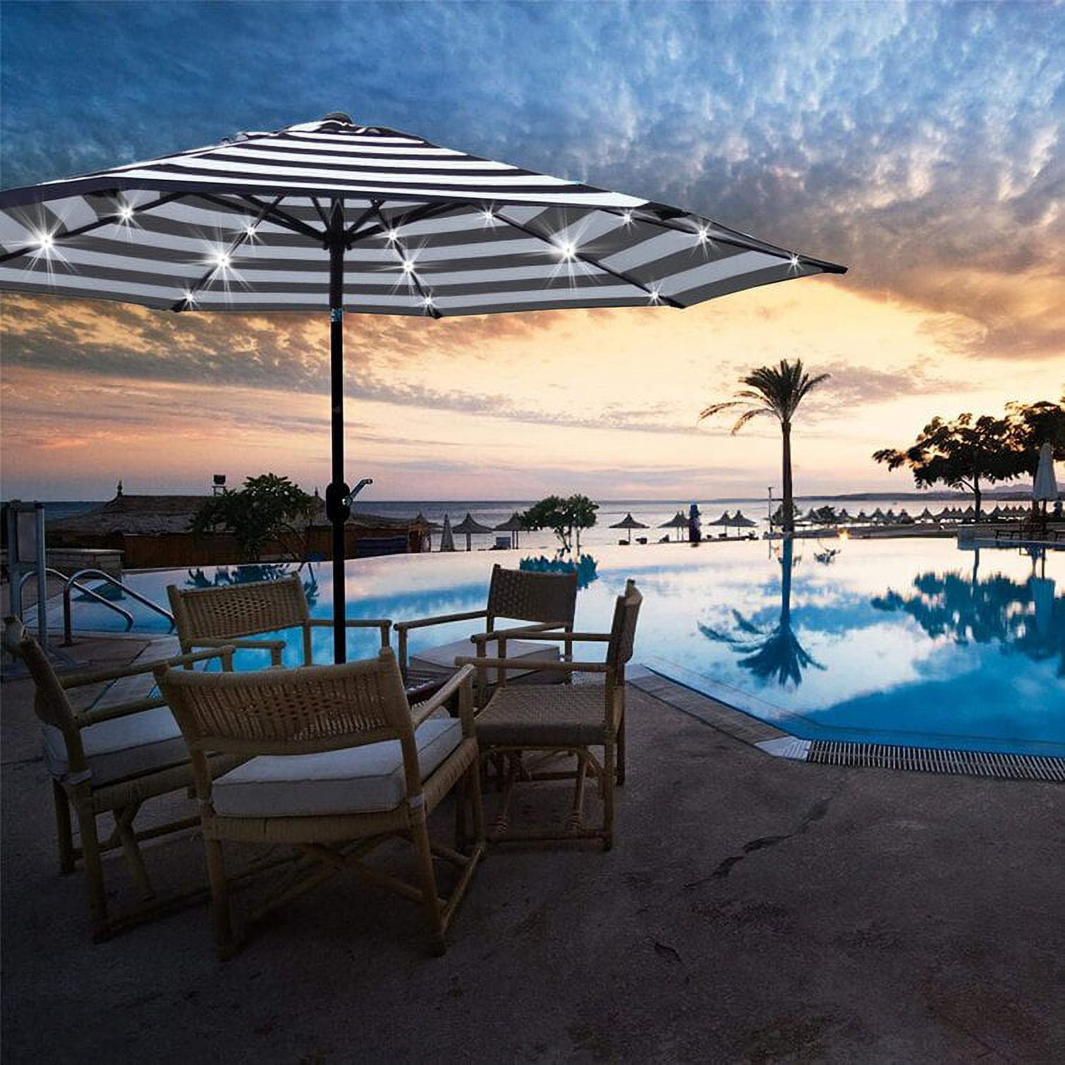 Bibana 9ft Solar 24 LED Lighted Patio Umbrella with 8 Ribs, Adjustment and Crank Lift System (Black & White)