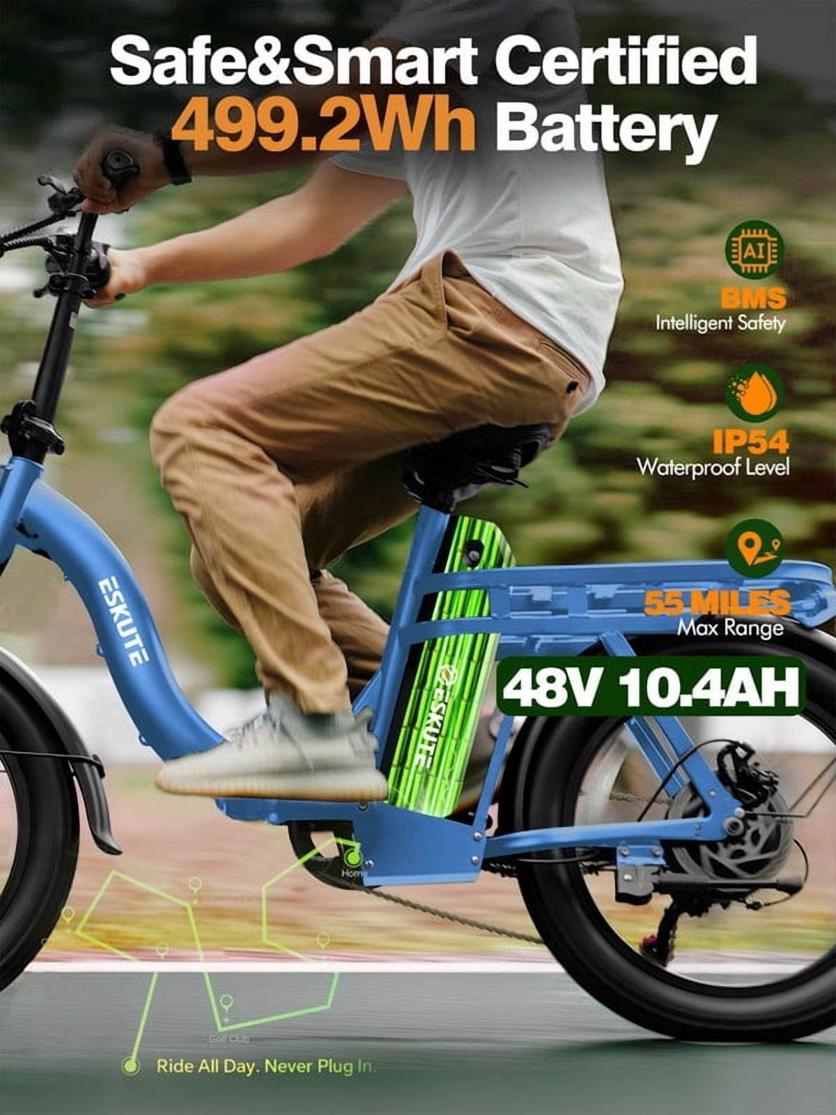 ESKUTE D200 Electric Bike for Adults 1200W Peak Motor 28 Mph, Folding Fat Tire E‑Bike, 48V 10.4Ah Up to 55 Miles, with 7‑Speed Step‑Through Cargo Fold E Bicycle, NFC Unlock, Blue with Lock, UL2849