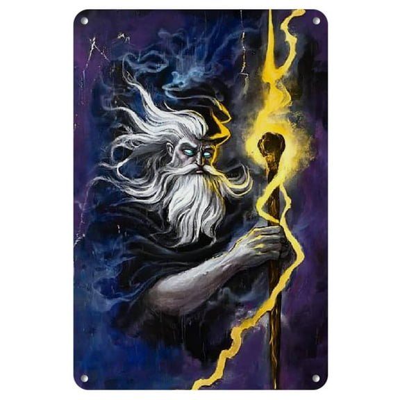 Zeus Iron Wall Art - 8x12 inch Frameless Metal Tin Sign for Home & Office Decor, Vintage-Inspired Greek God of Thunder Design