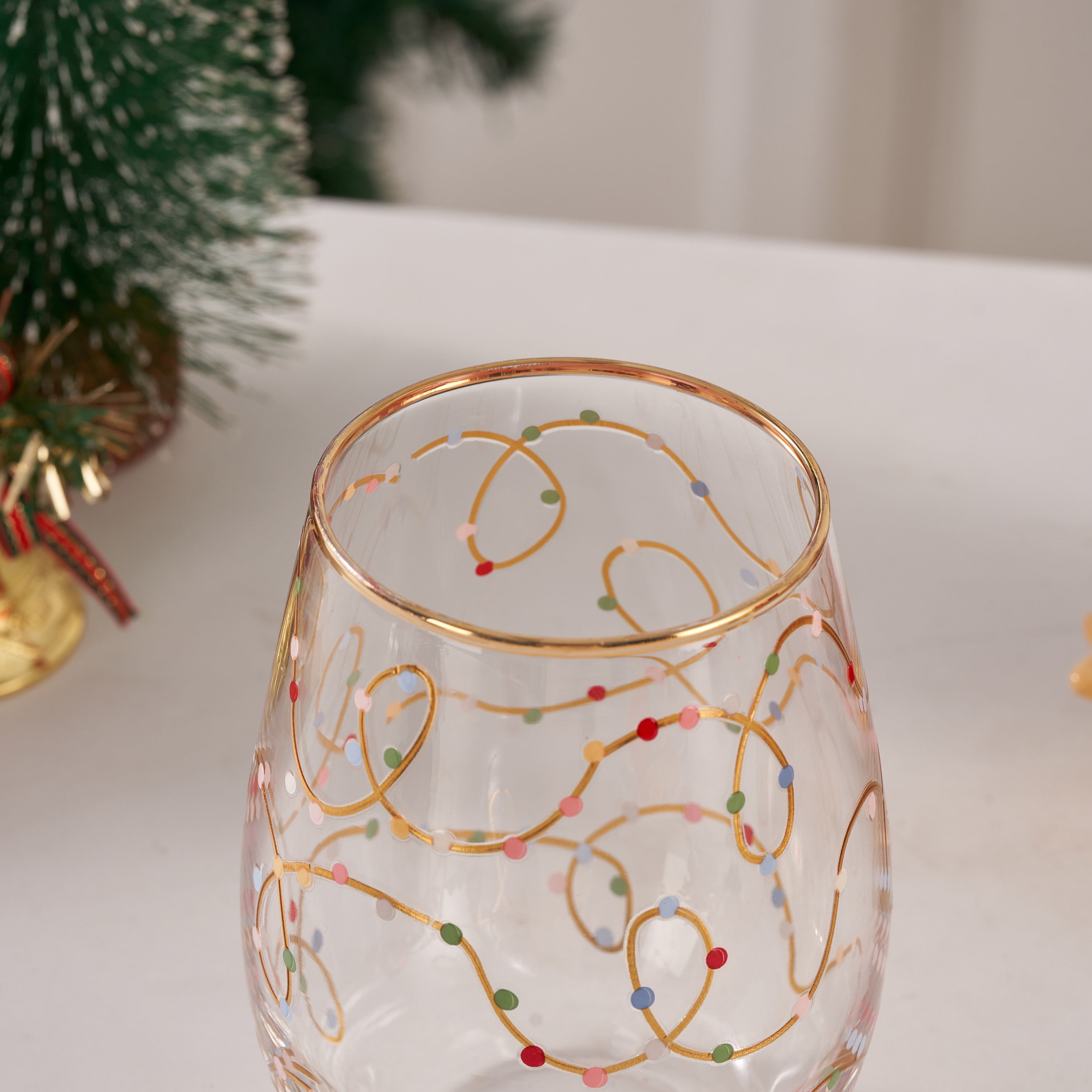 Gold Lights Wine Glass Gold Rim 18 OZ Holiday Time