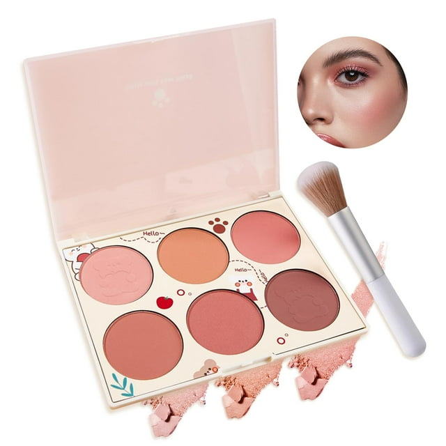 JunKuJk Paleta de rubor de 6 colores Paleta de rubor en polvo mate sedoso Paleta de rubor resaltador de contorno de rostro lindo profesional con pincel de maquillaje de rubor
